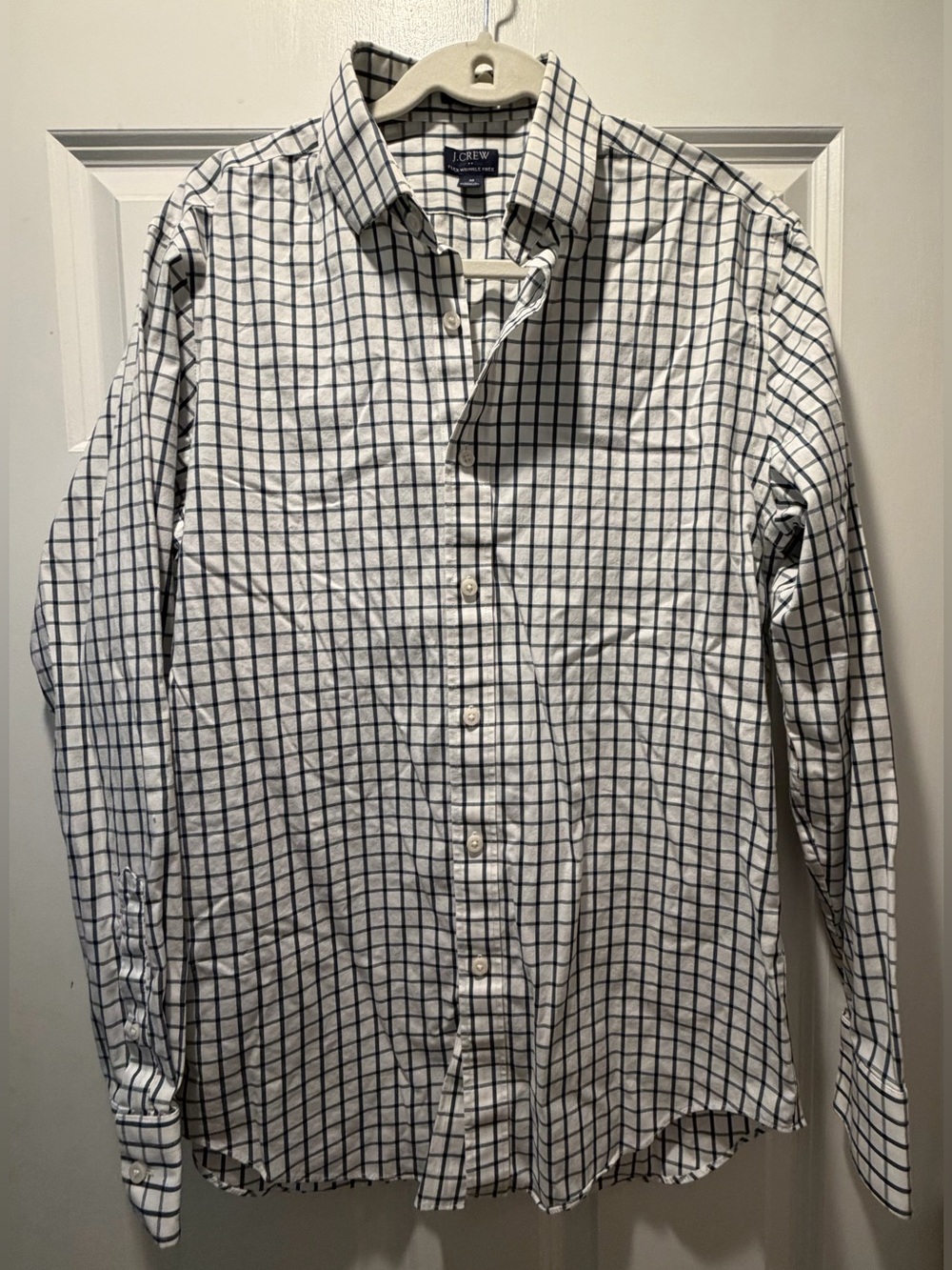 Size Medium J. Crew Men's White Shirt with Navy Windowpane Check
